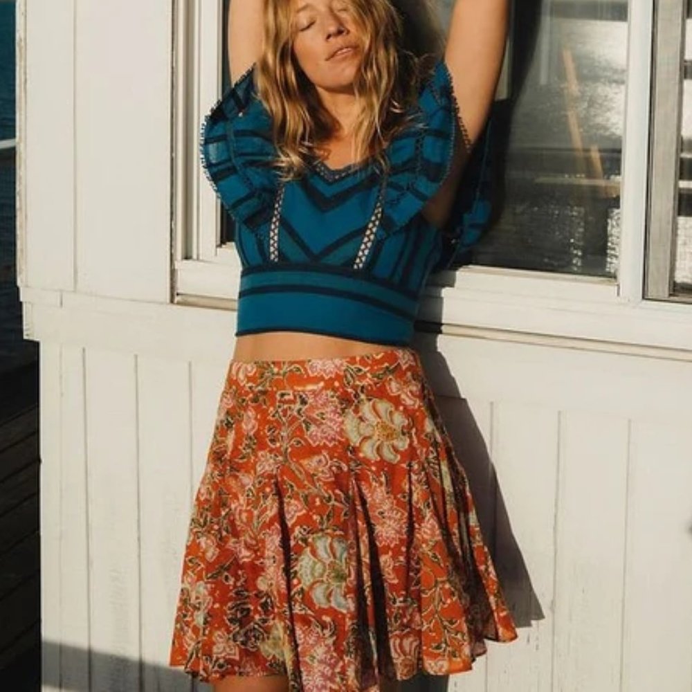 Free People End Of The Island Godet Skirt Size 12, Orange Multi